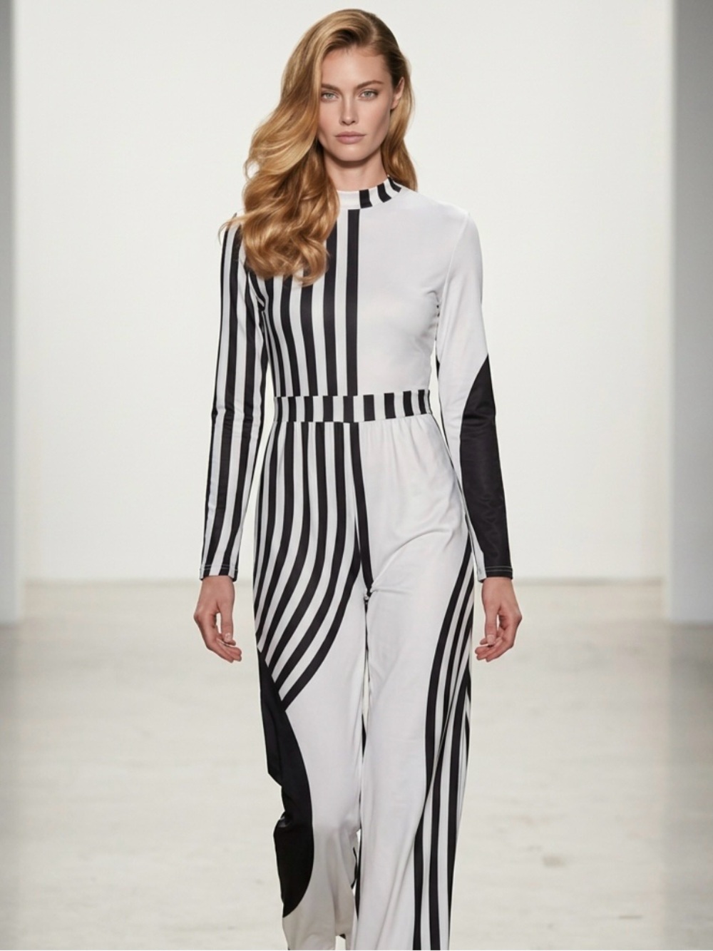 Black & White Striped Long-Sleeve Jumpsuit with High Neck